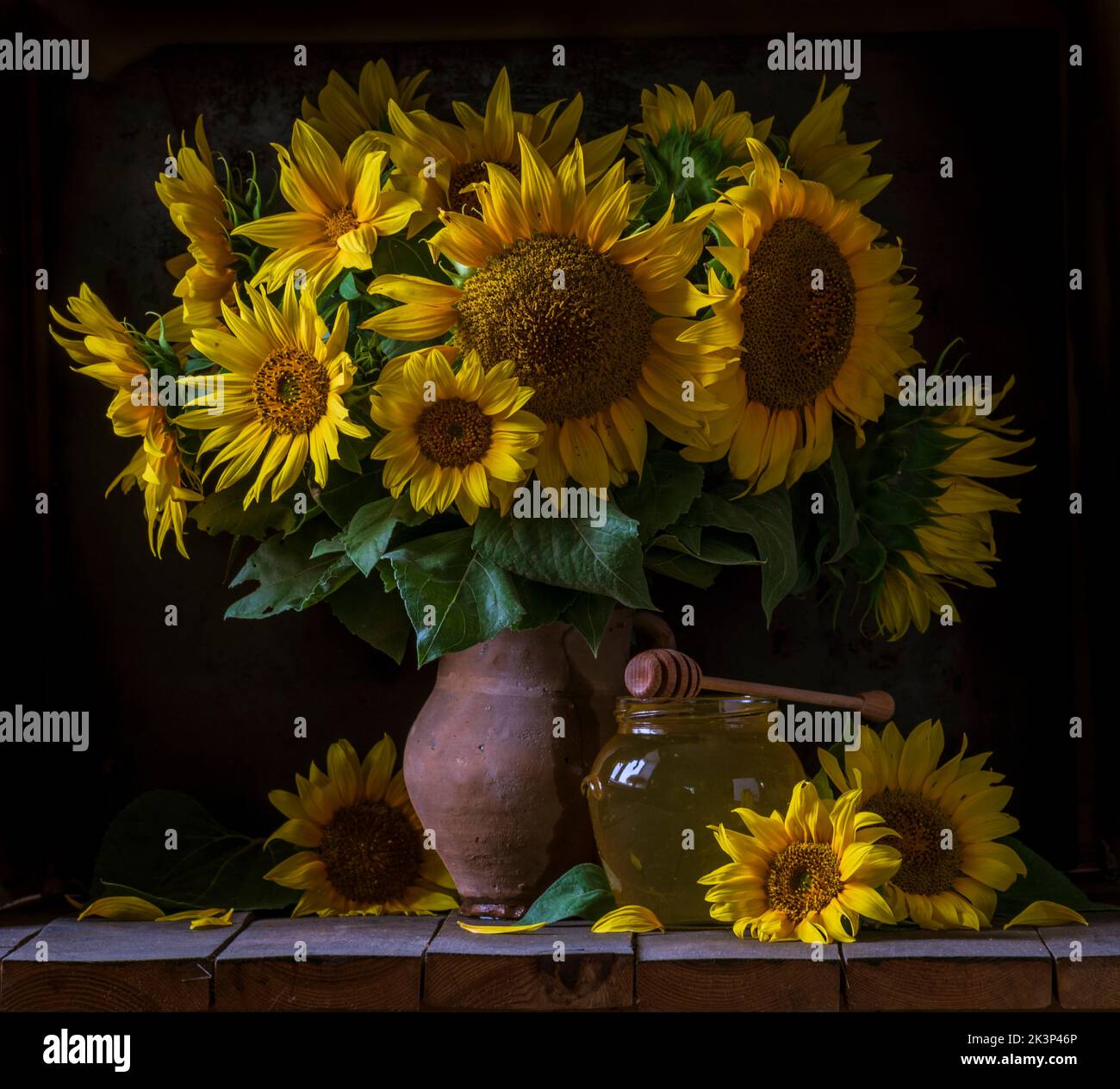 beautiful yellow Sunflower still life bouquet in a clay jug ceramic ...