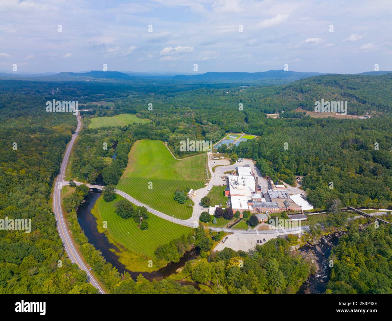 Monadnock Mill aerial view at Contoocook River in historic town center