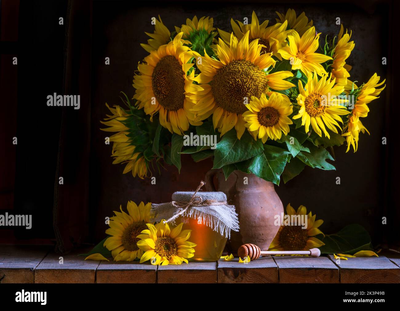 beautiful yellow Sunflower still life bouquet in a clay jug ceramic ...