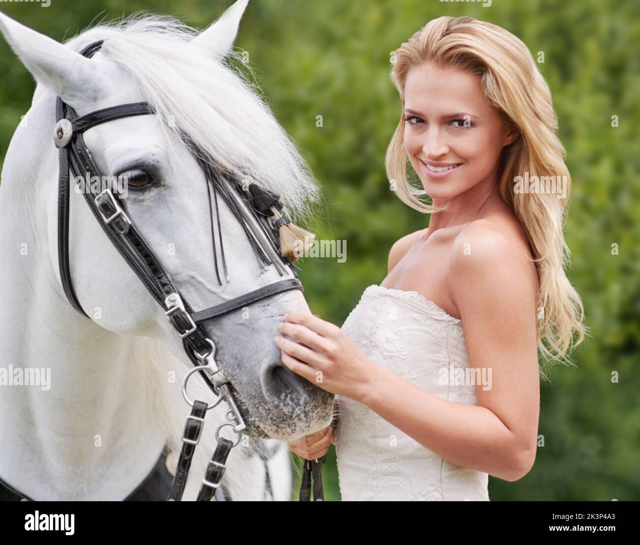 Her most trusted steed will spirit her to the aisle. Portrait of a gorgeous  blonde bride standing alongside her stallion Stock Photo - Alamy, image size:1300x1108