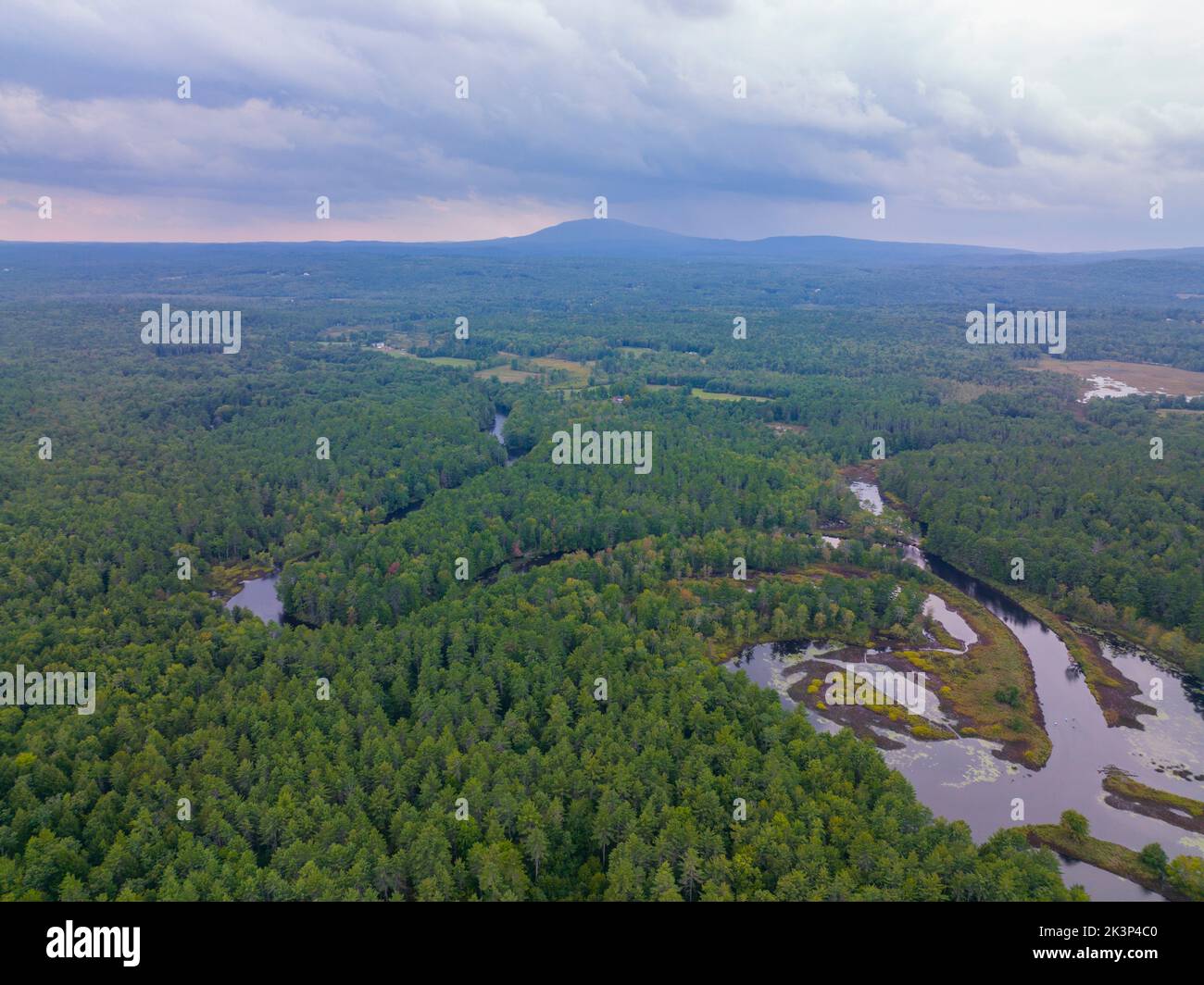 Contoocook River marsh aerial view with Mount Monadnock at the background between town of
