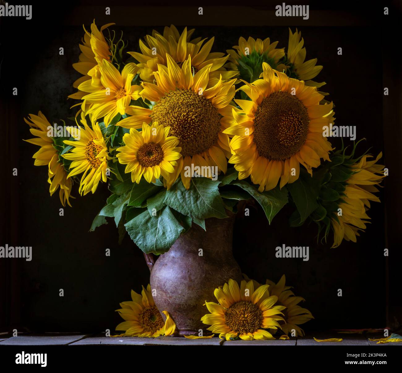 beautiful yellow Sunflower still life bouquet in a clay jug ceramic ...