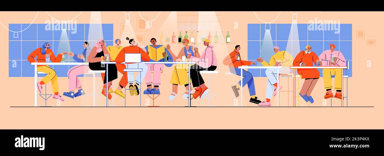 Bar interior with people drink wine and cocktails. Diverse characters hold glasses, group of friends and couples sitting on stools in cafe or restaurant, vector flat illustration Stock Vector