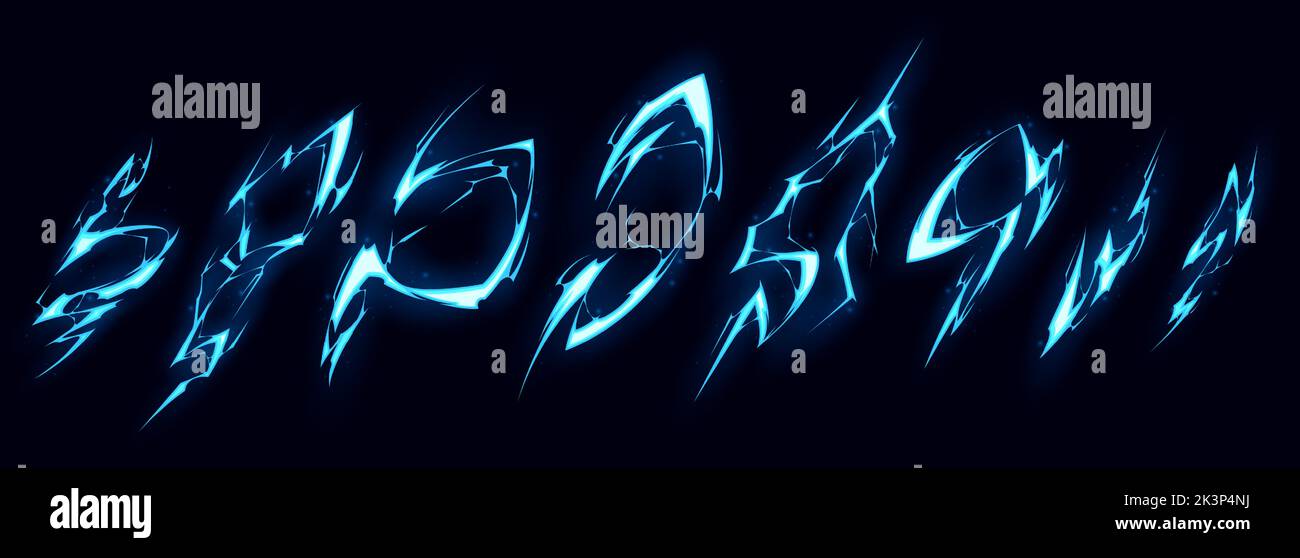 Cartoon lightning bolt effect isolated on black background. Neon blue