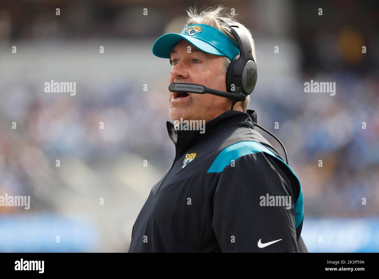 Inglewood, California, USA. 25th Sep, 2022. Jacksonville Jaguars head coach Doug Pederson in action during the NFL football game between the Los Angeles Chargers and the Jacksonville Jaguars at SoFi Stadium in Inglewood, California. Mandatory Photo Credit : Charles Baus/CSM/Alamy Live News Stock Photo