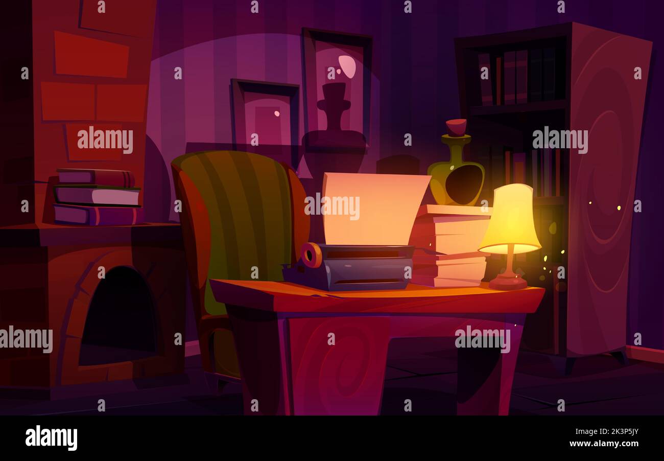 Writer cabinet at night, interior with typewriter, glowing lamp, bottle, stack of paper on desk with vintage armchair. Room with author items, fireplace and shadows on wall Cartoon vector illustration Stock Vector