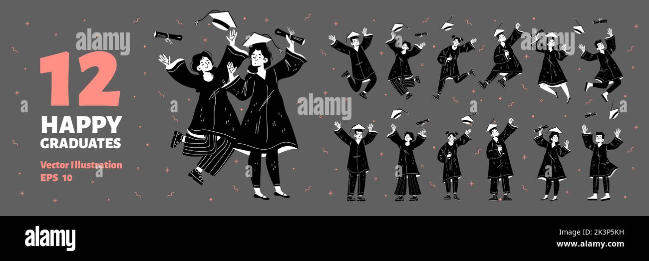 Set of happy graduate student, characters in gowns and academic caps jump, rejoice and cheer up for getting diploma and degree, end of university education, Linear flat vector monochrome illustration Stock Vector