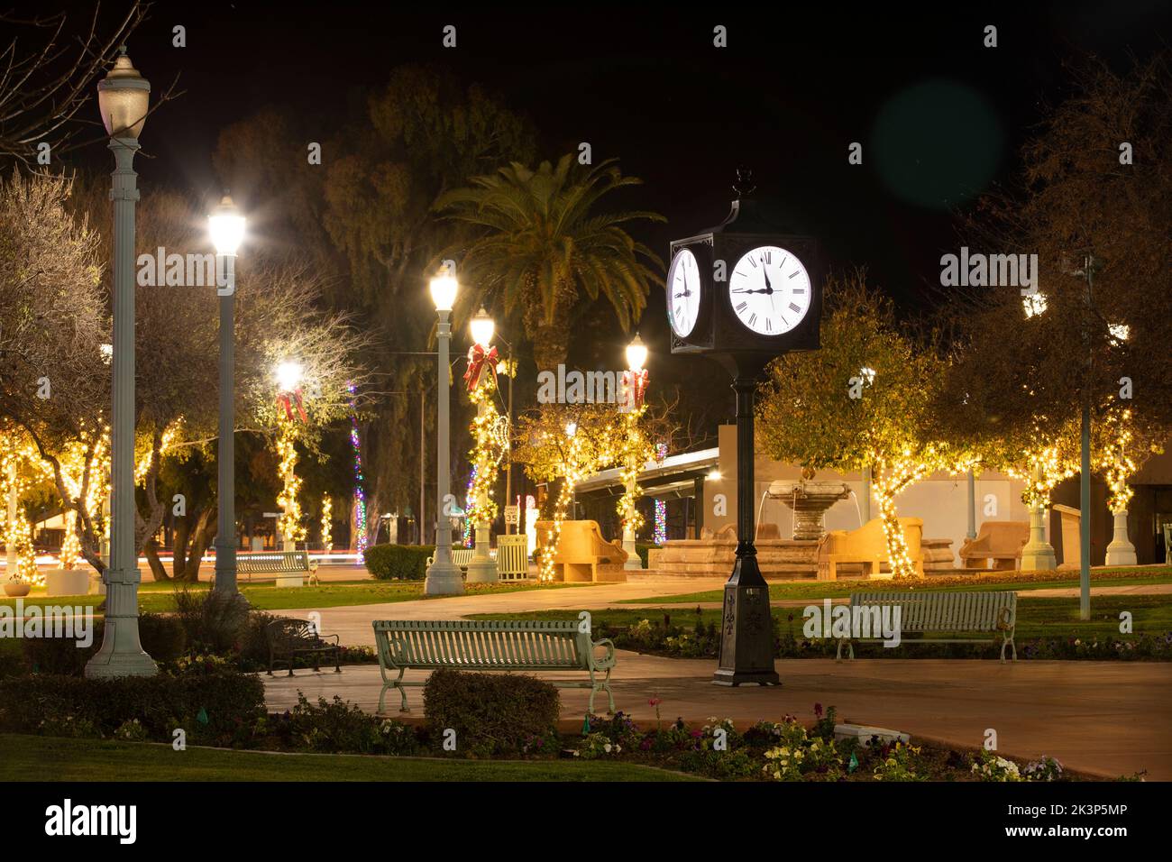Night time view of the public city hall and plaza civic center of Casa Grande, Arizona, USA