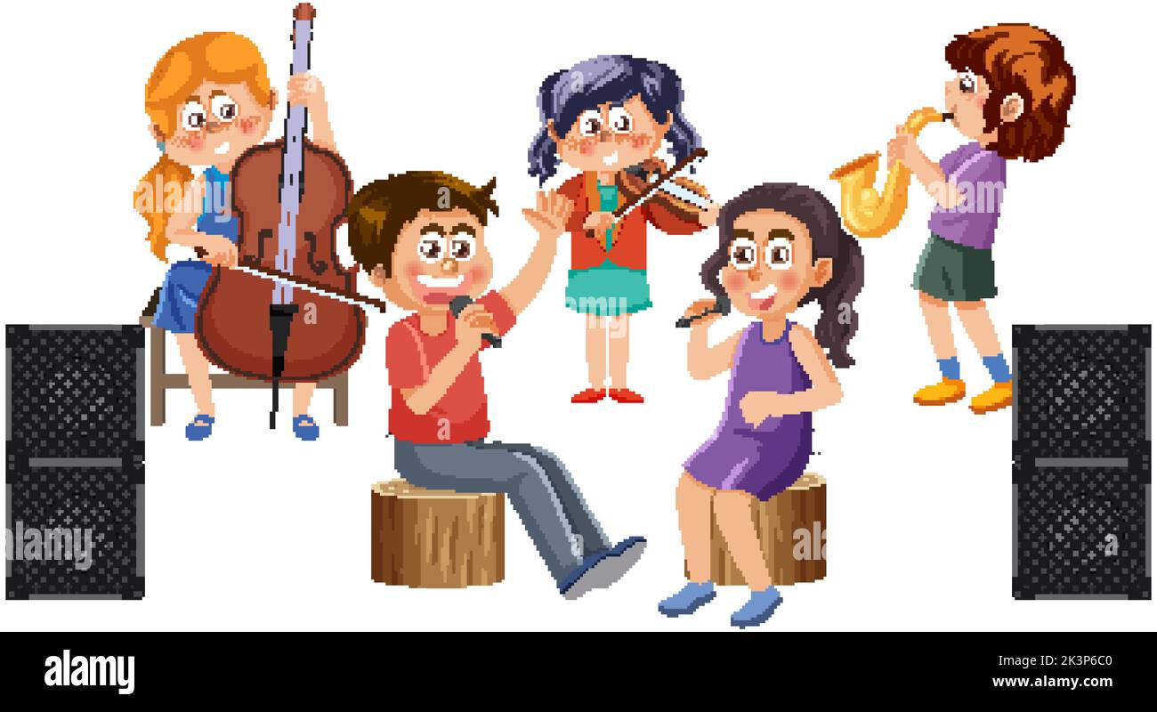 Orchestra band with kids playing musical instruments illustration Stock ...