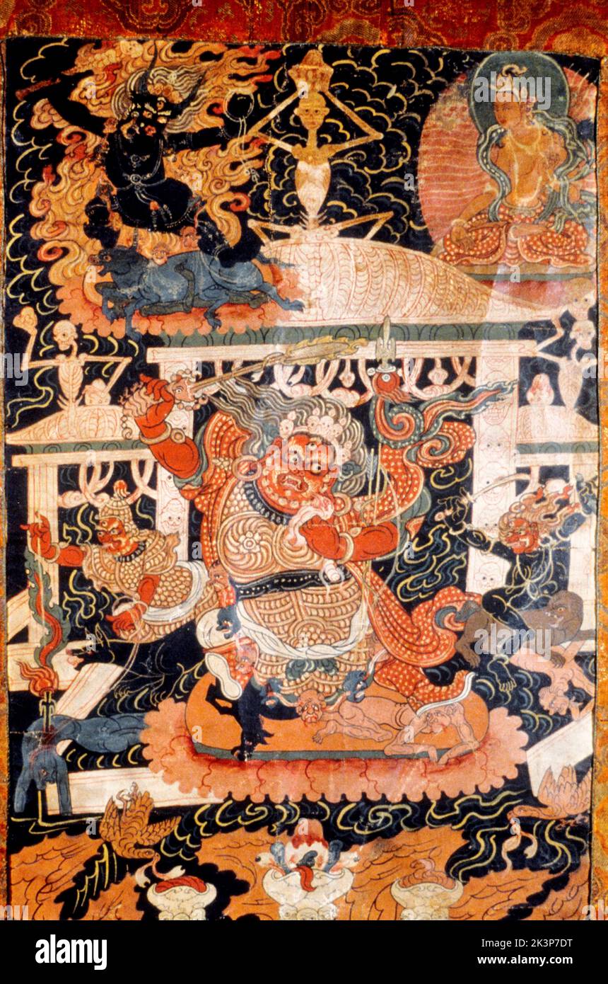 Thangka, Tibetan Buddhist painting, Pektse (God of War) Folk tradition, 19th century, Tetha Monastery in Sangskar Stock Photo