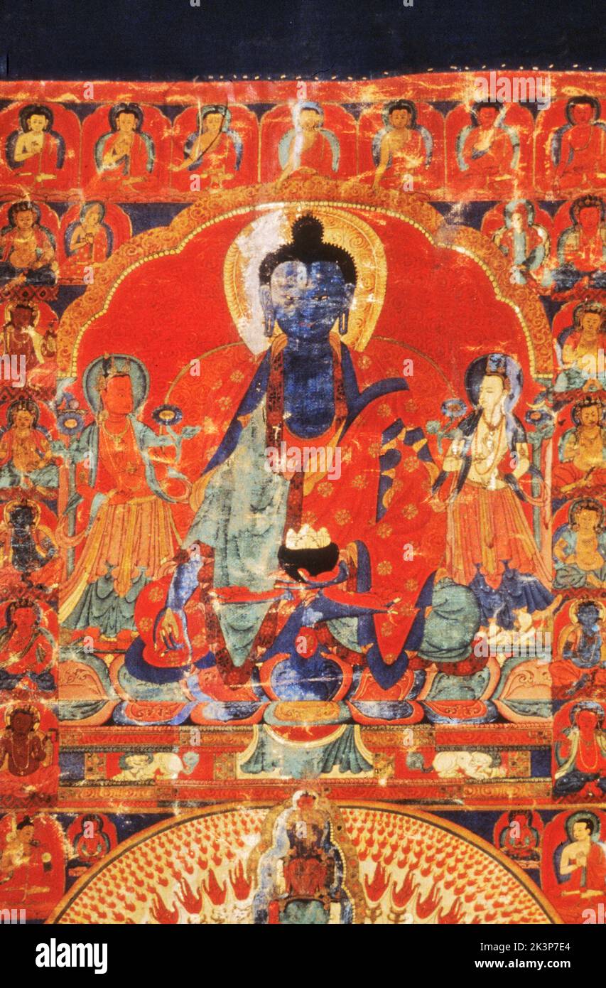 Thangka, Tibetan Buddhist painting, Four Deities Guge style, 16th century Ladakh, India Stock Photo