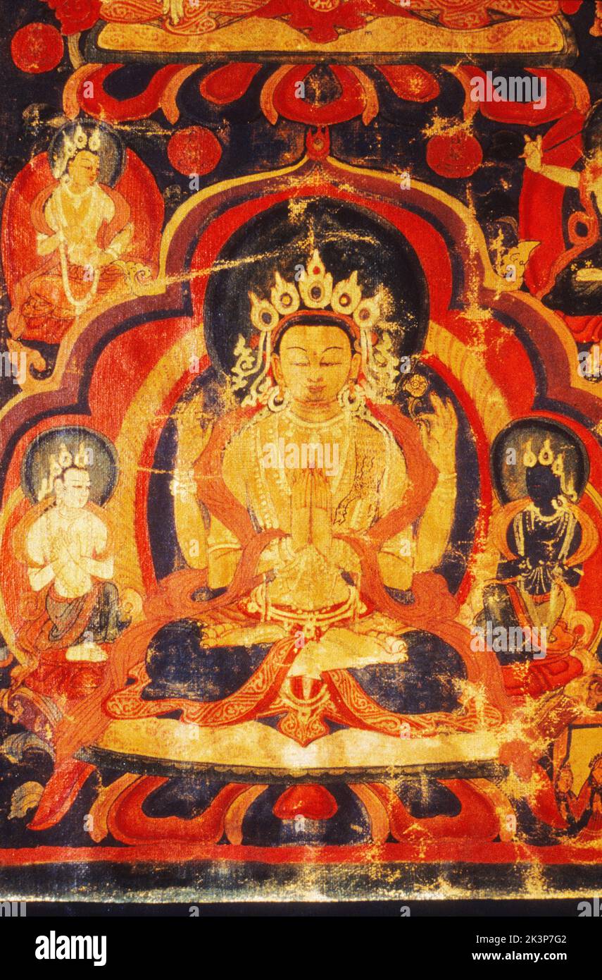 Thangka, Tibetan Buddhist painting, Detail Four Figures: Sadaksari Avalokitesvara at lower left Guge style, circa 17th century, Karsha Monastery in Sa Stock Photo