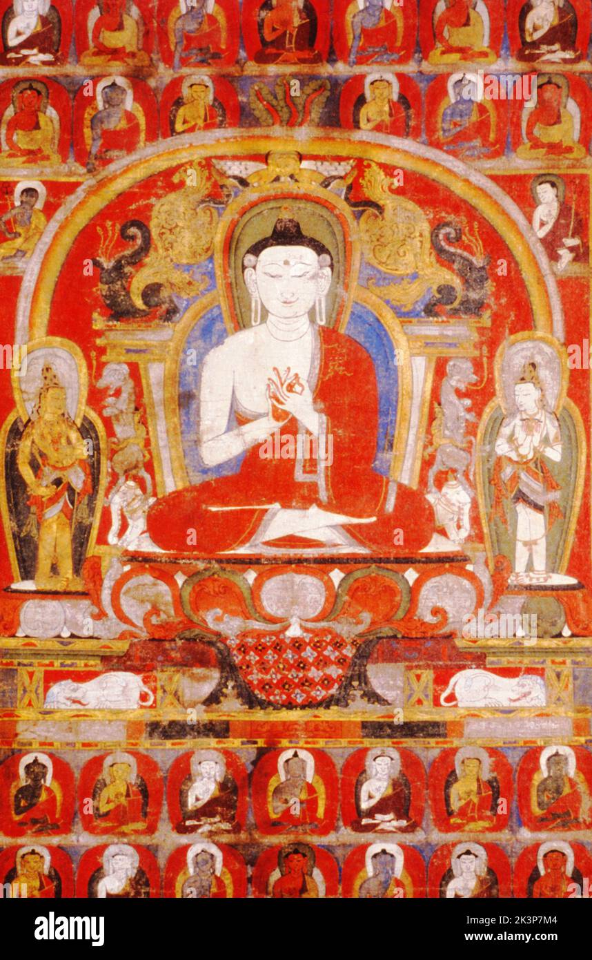 Thangka, Tibetan Buddhist painting, Detail of 24468: Buddha Enthroned Western bka'-gdam-'bris, 12th century, Po Monastery in Spiti Stock Photo