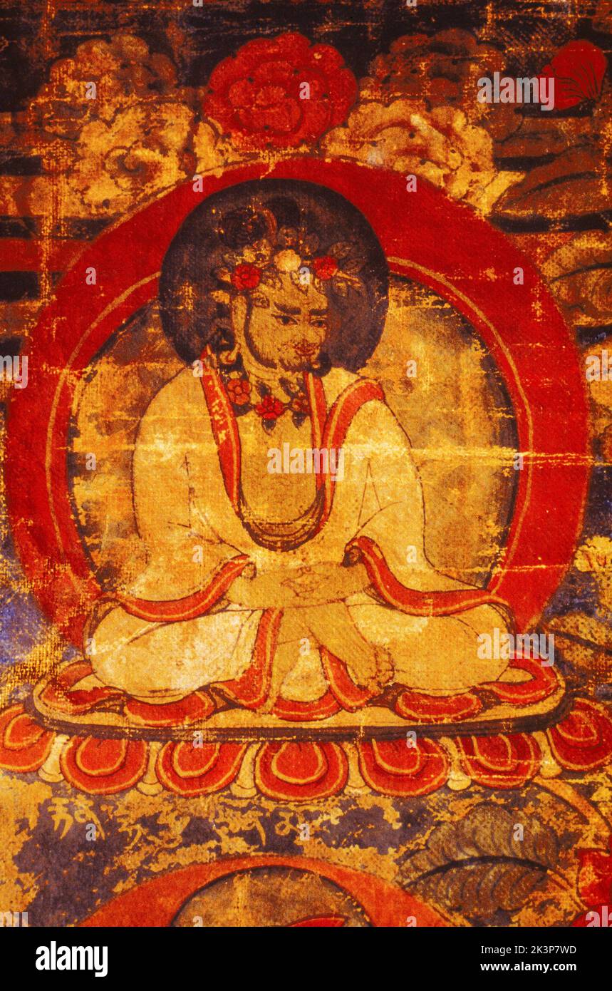 Thangka, Tibetan Buddhist painting, Detail of 24482: Attendant figure at upper left, Mixed Guge and gTsang (mKhyen-'brisser-ma?) style, late 17th or e Stock Photo