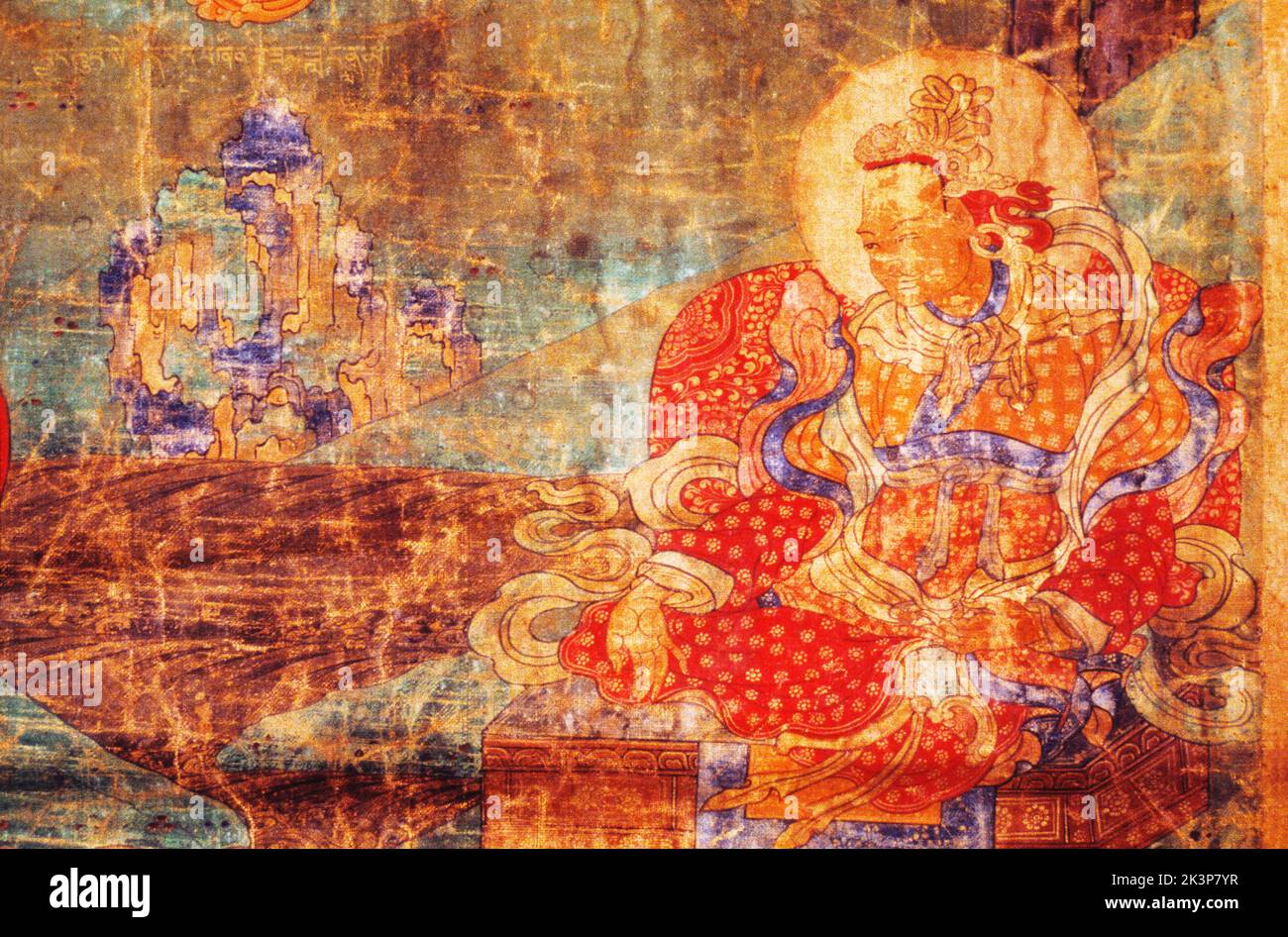 Thangka, Tibetan Buddhist painting, Detail: Figure at lower right, Kar-ma-sGa-'bris,late 17th or early 18th century Stock Photo