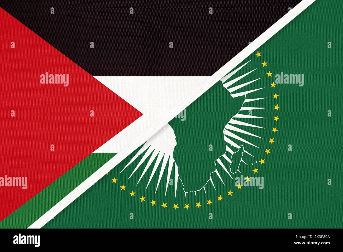 African Union and Palestine, national flag from textile. Africa continent vs Palestinian symbol. Stock Photo