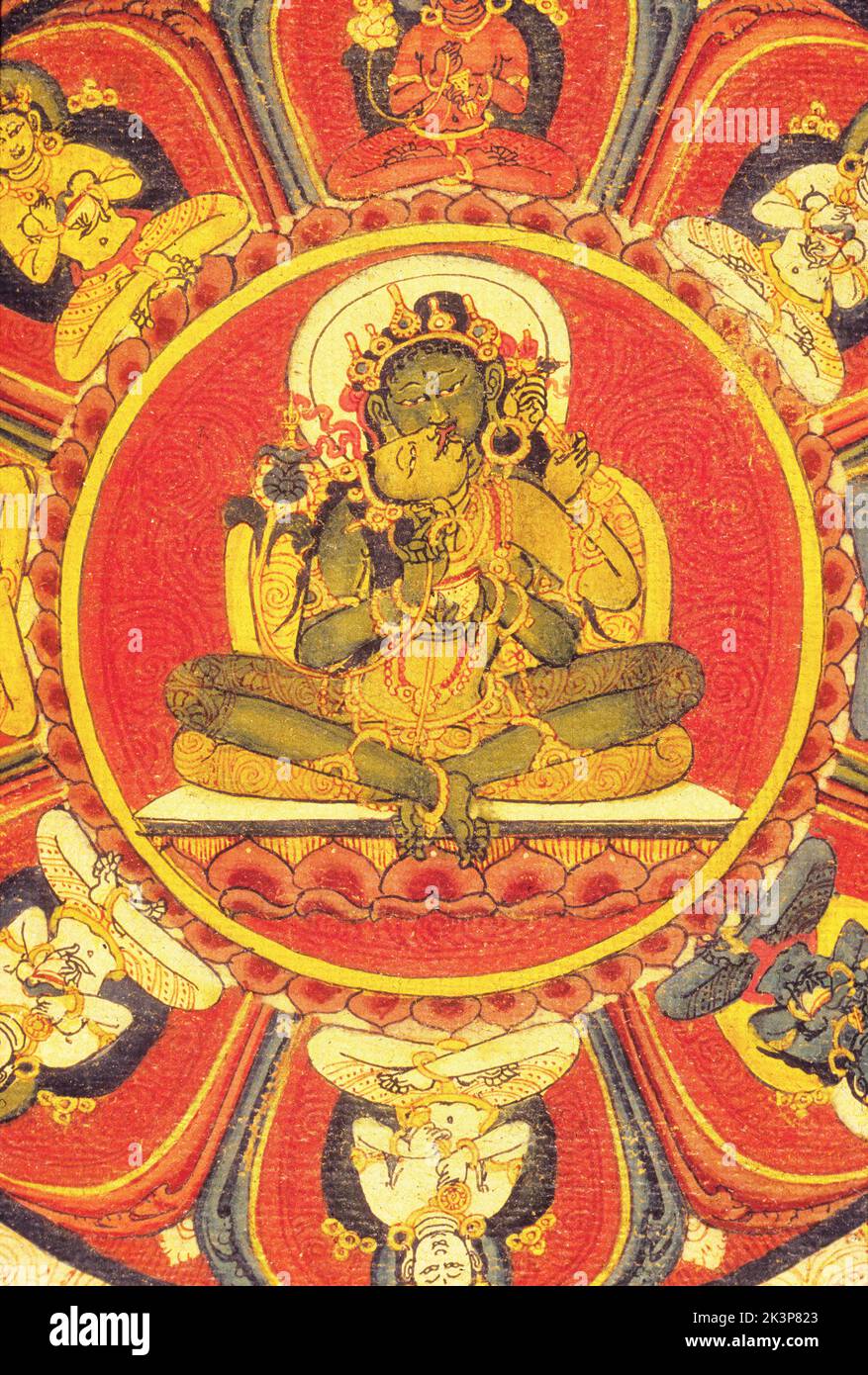 Thangka, Tibetan Buddhist painting, 16th century, Mahakala Mandala, central portion, Tibetan Nepali School, gTsang District Stock Photo