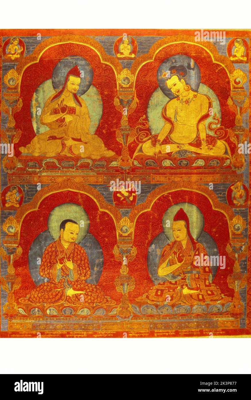 Thangka, Tibetan Buddhist painting, 16th century, Red Hat Hierarchs, Tibetan Nepali School, gTSang District Stock Photo