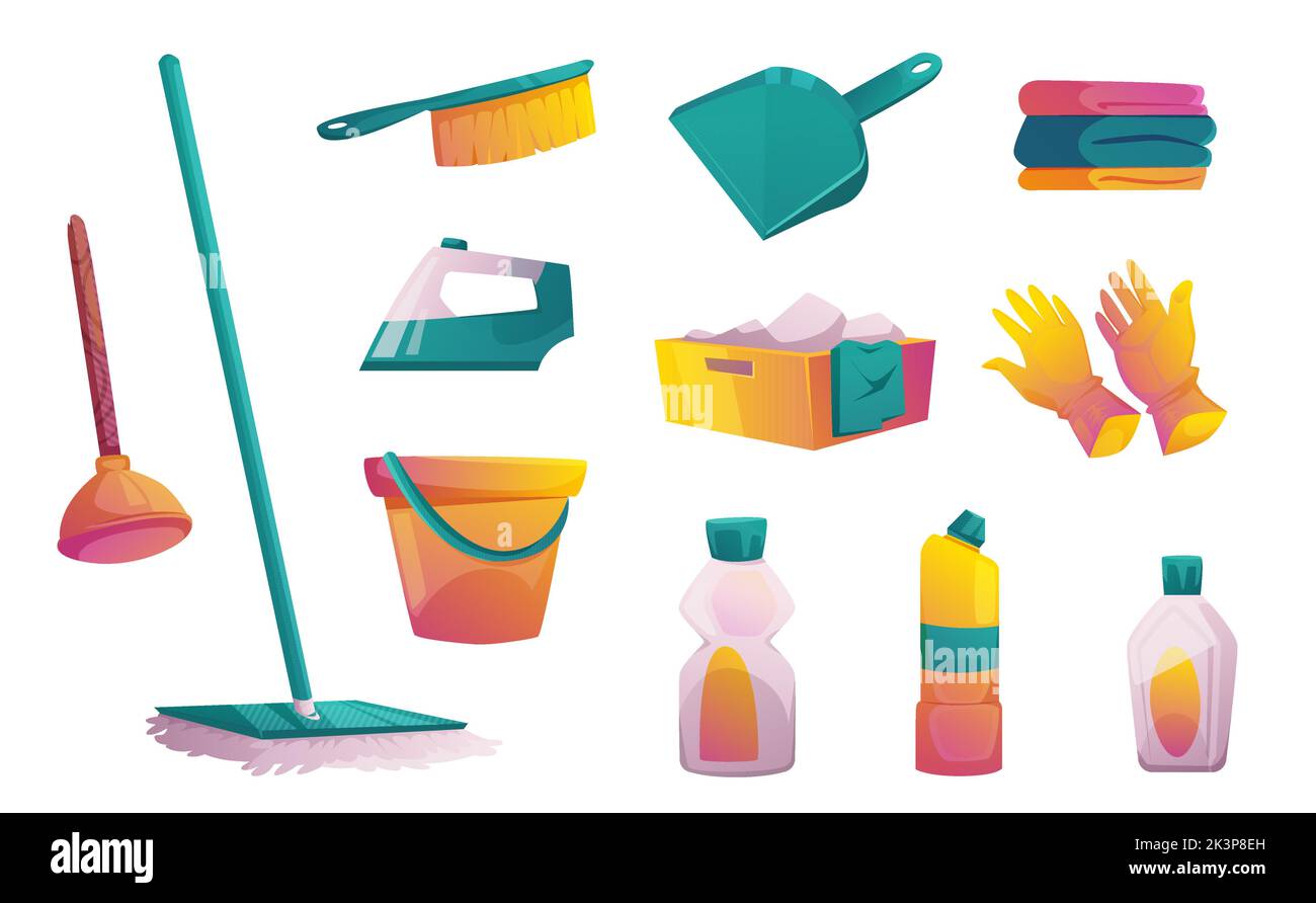Cleaning supplies, tools, household chemicals and cleaning solutions.  Household detergents, trash can, mop, gloves and bucket vector Illustration  set. House cleaning supplies, Stock vector