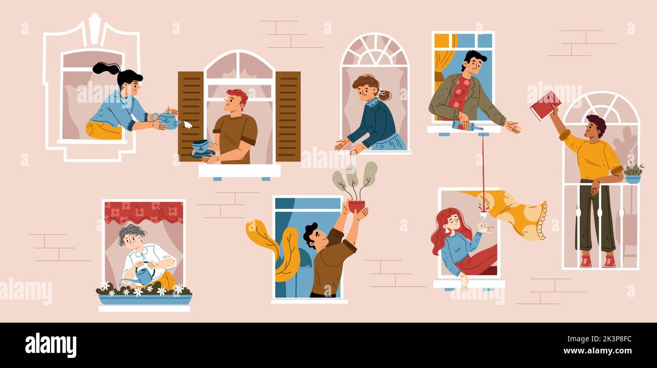 Good neighborhood community with people in house windows sharing things