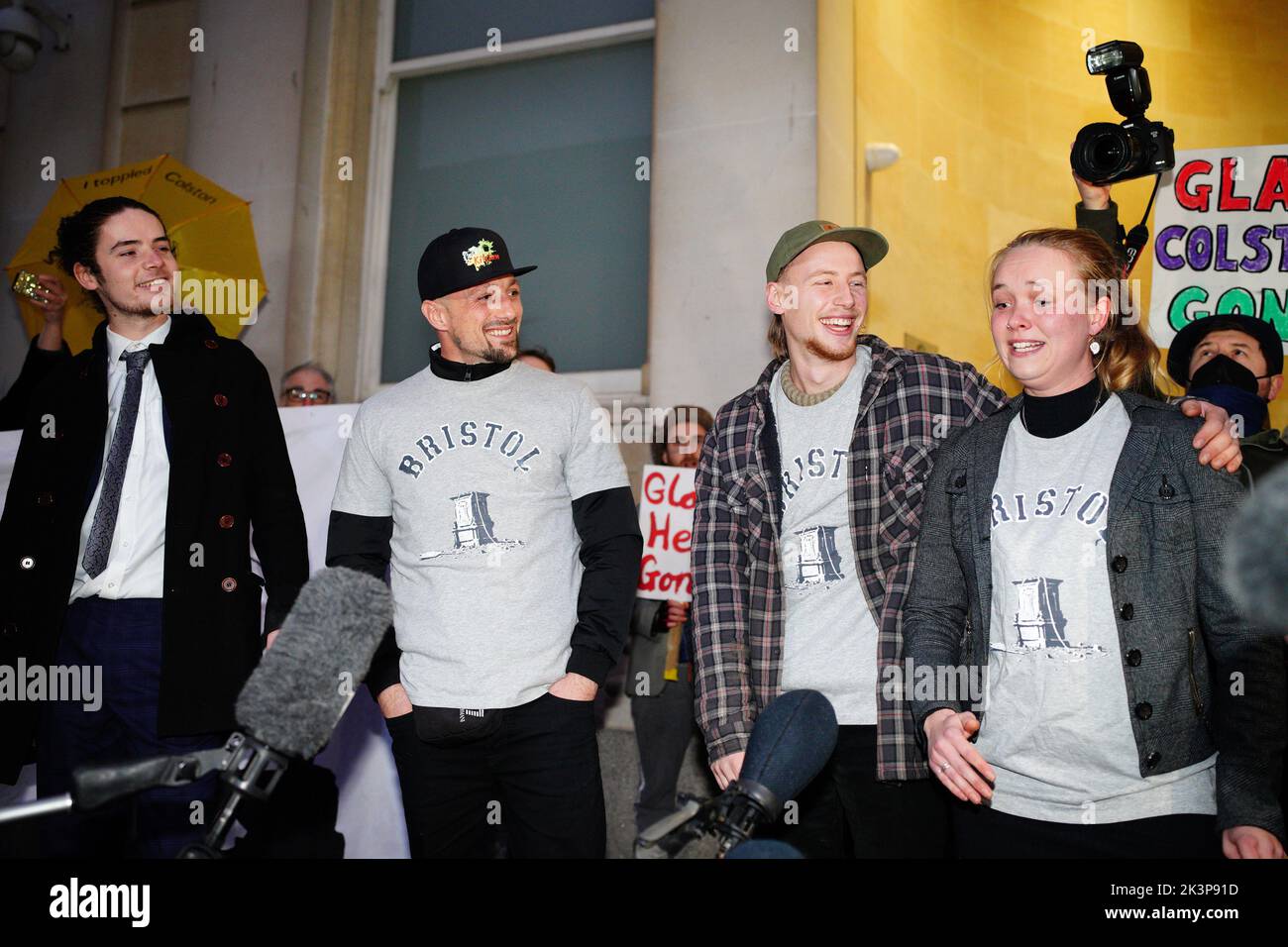 File photo dated 5/1/2022 of (left to right) Sage Willoughby, Jake Skuse, Milo Ponsford and Rhian Graham outside Bristol Crown Court. A ruling on legal issues arising out of the acquittal of four people who were prosecuted for pulling down a statue of slave trader Edward Colston during a Black Lives Matter protest - the so-called Colston Four - will be delivered by judges. Court of Appeal judges were told at a hearing in June that the toppling of the statue was an 'unacceptable way to engage in political debate'. Issue date: Wednesday September 28, 2022. Stock Photo