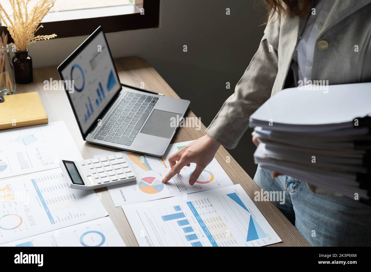 bookkeeper or financial inspector hands making report, calculating or checking balance. Home finances, investment, economy, saving money or insurance Stock Photo