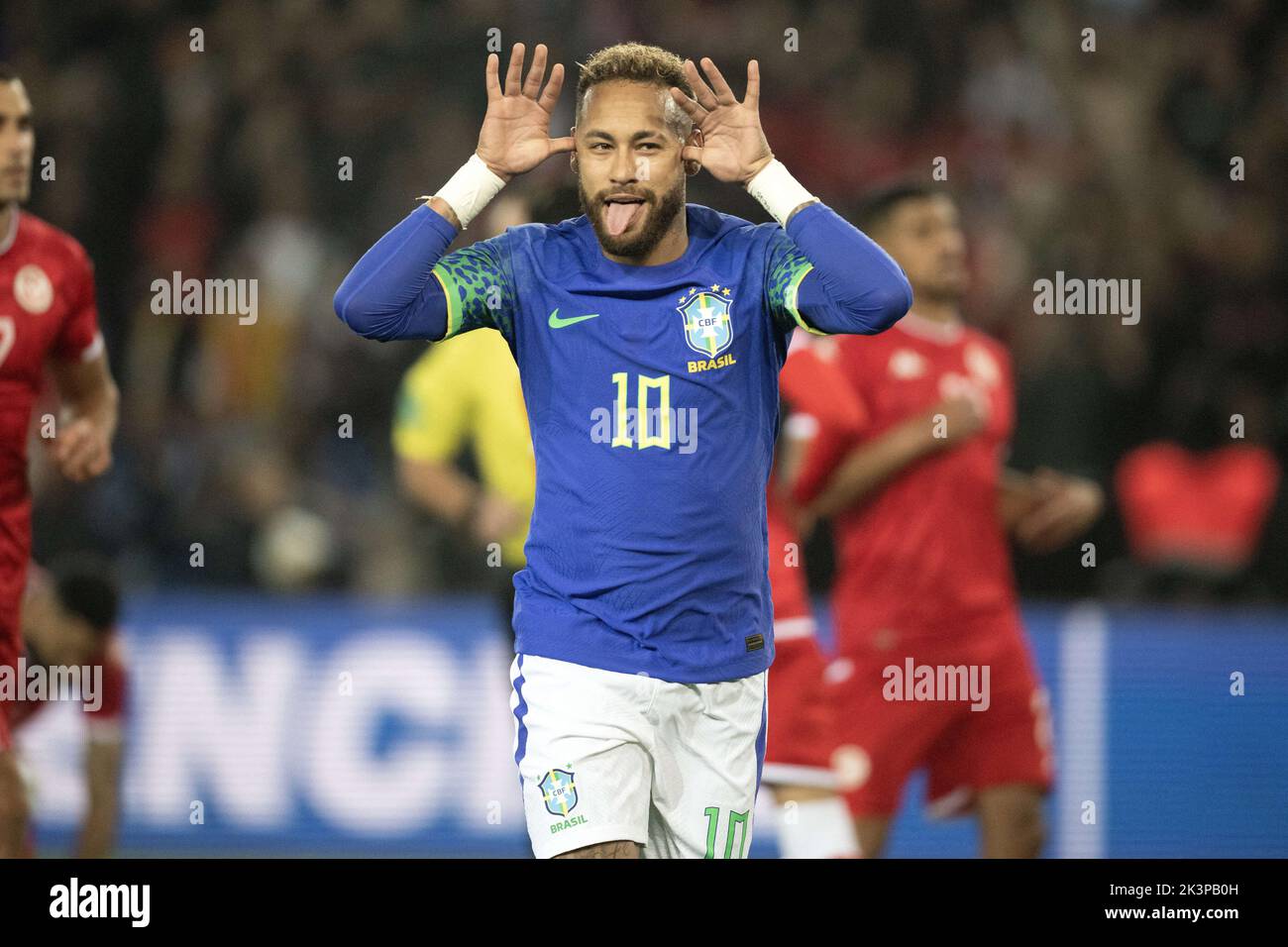 Paris, France, September 27, 2022, Neymar Junior of Brazil celebrates his goal during the international friendly match between Brazil and Tunisia at Parc des Princes, on September 27, 2022 in Paris, France. Photo by David Niviere/ABACAPRESS.COM Stock Photo