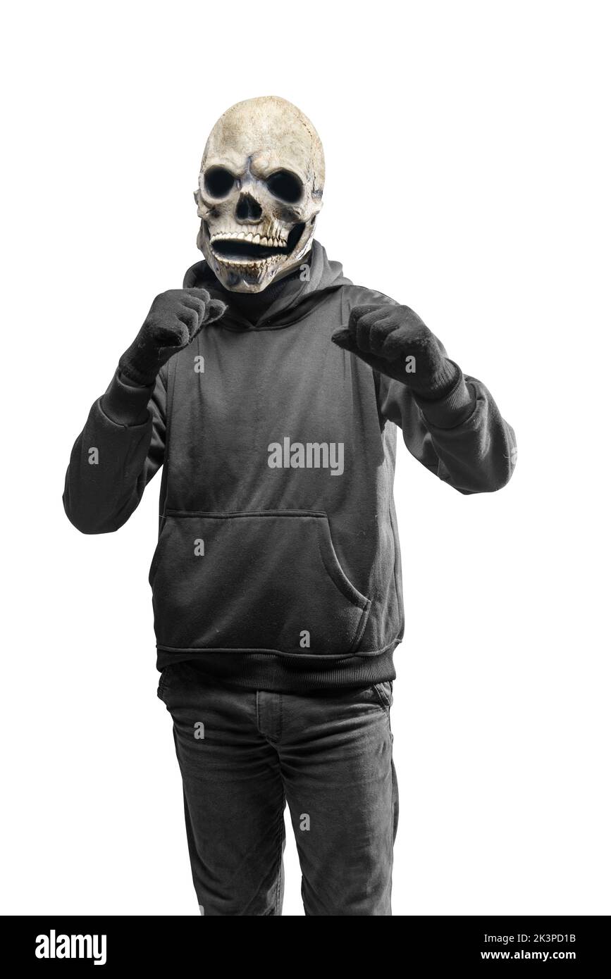 Man with a skull head costume for Halloween isolated over white background Stock Photo