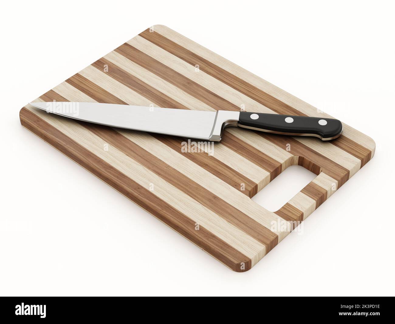 Wooden cutting board and knife isolated on white background. 3D illustration. Stock Photo