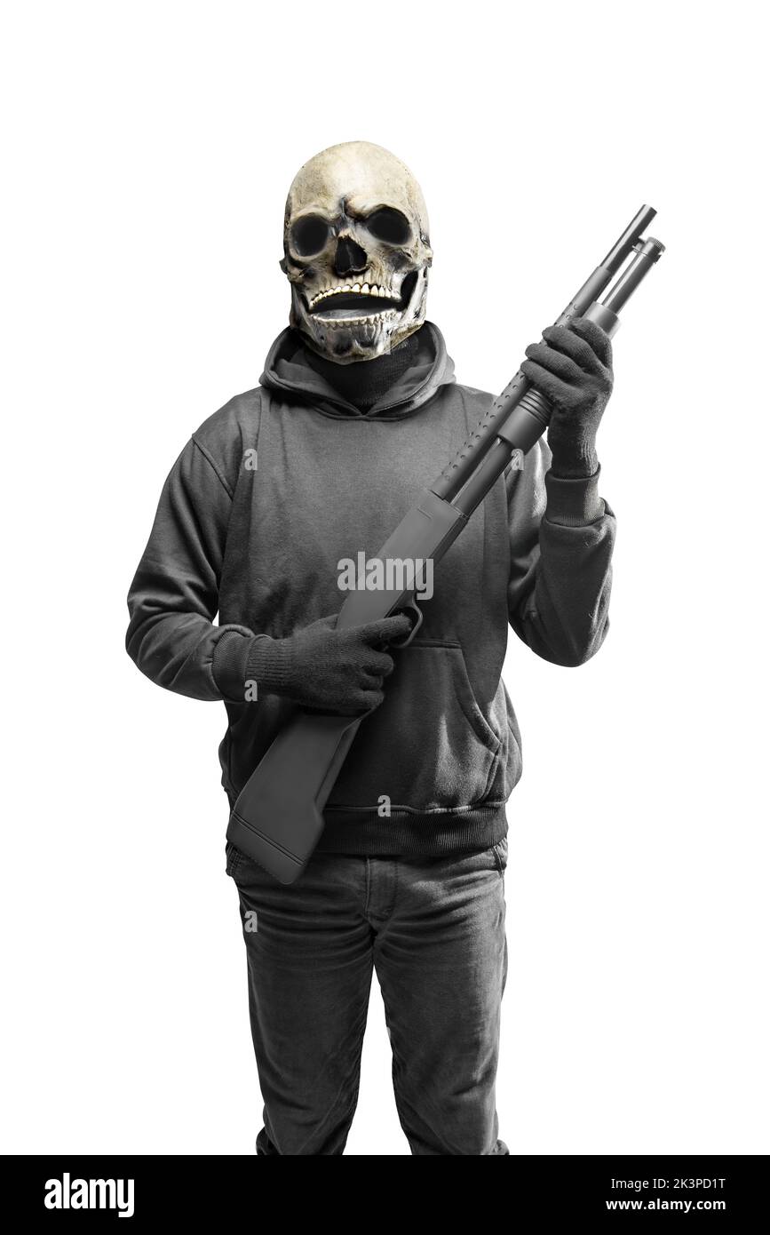 Man with a skull head costume for Halloween holding gun isolated over white background Stock Photo