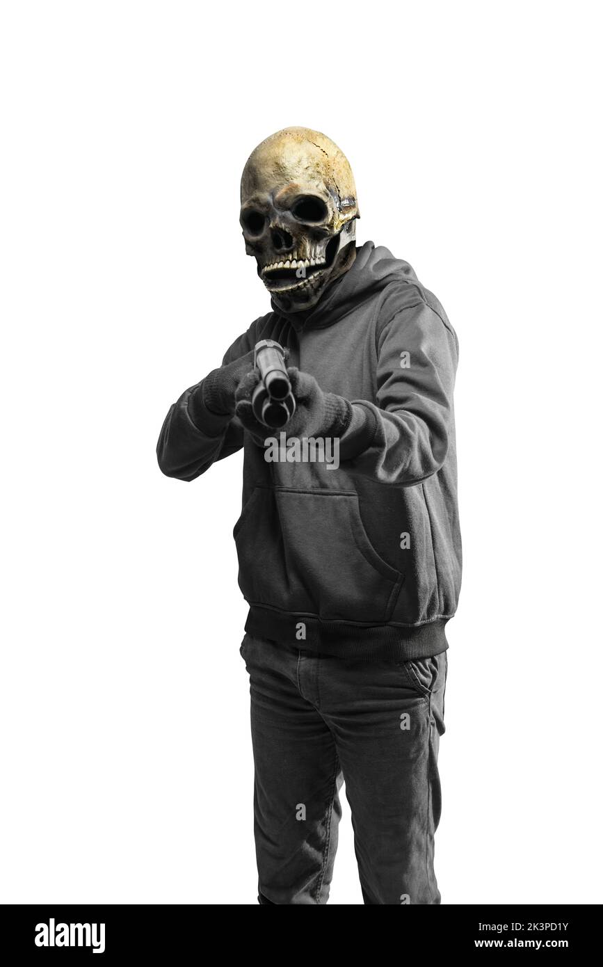 Man with a skull head costume for Halloween holding gun isolated over white background Stock Photo