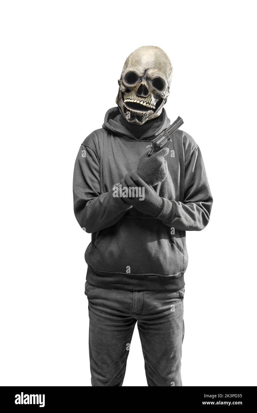 Man with a skull head costume for Halloween holding gun isolated over white background Stock Photo