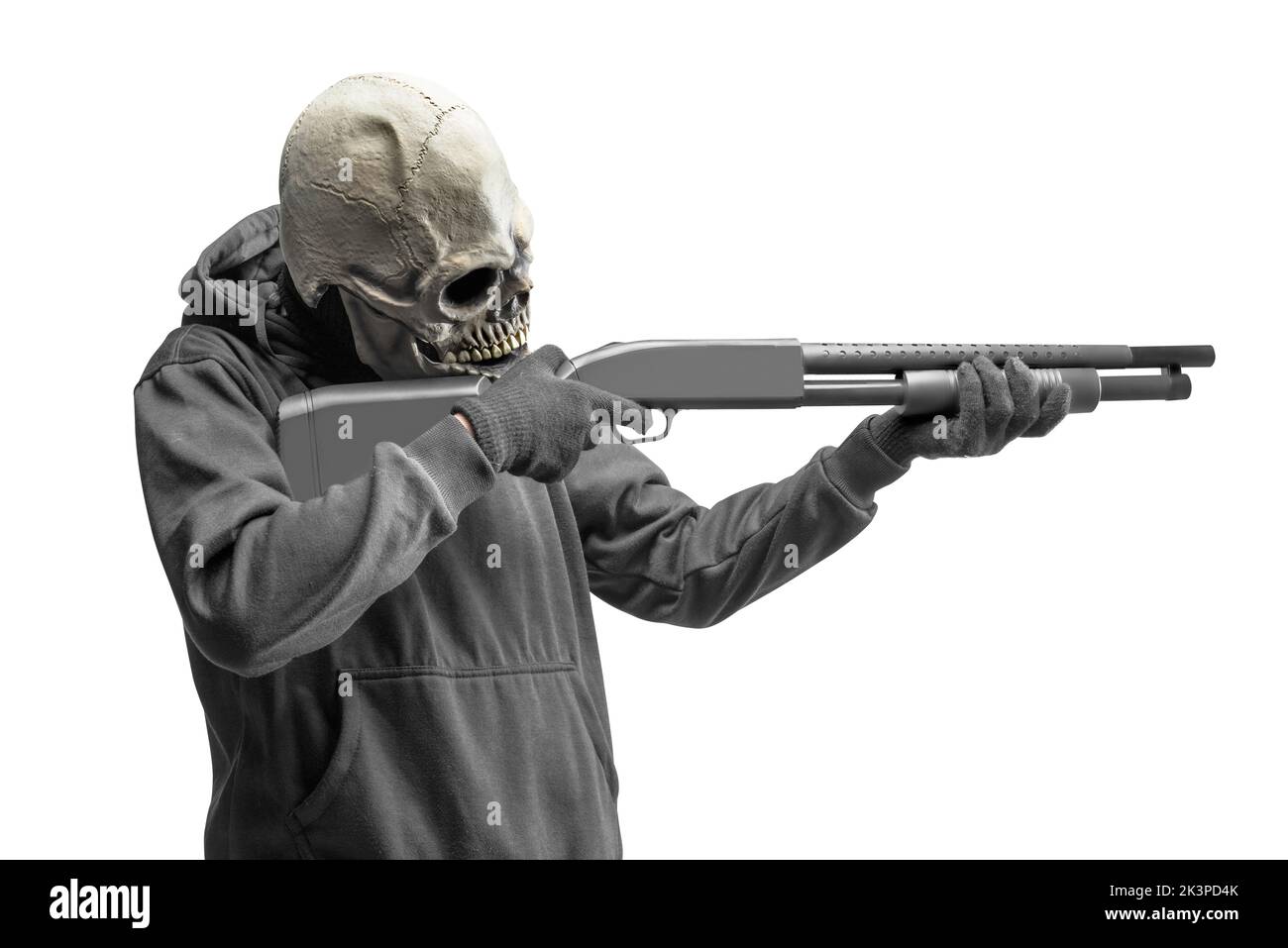 Man with a skull head costume for Halloween holding gun isolated over white background Stock Photo