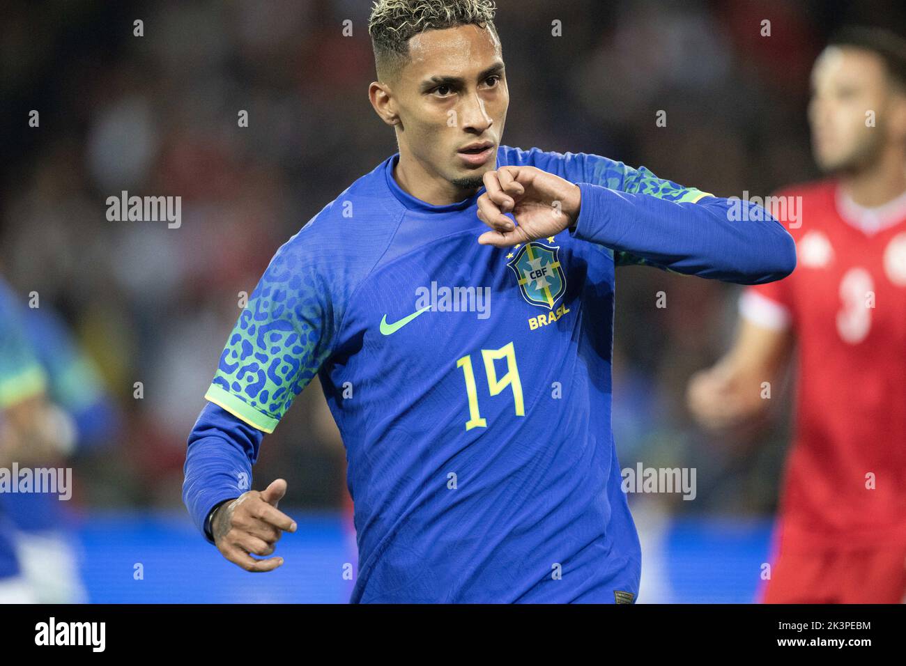 Paris, France, September 27, 2022, Raphinha of Brazil celebrates his ...