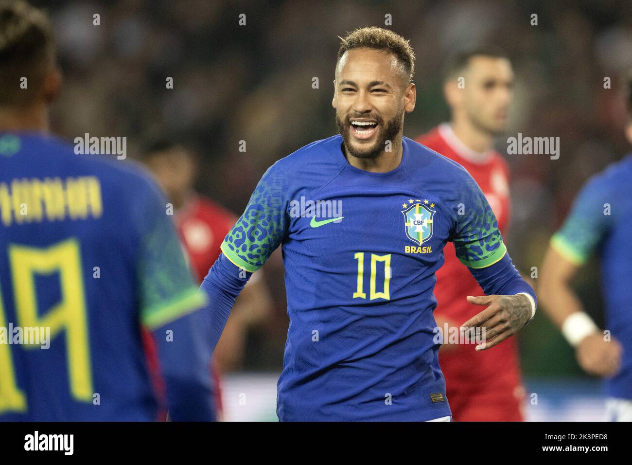Paris, France, September 27, 2022, Neymar Junior of Brazil celebrates his goal during the international friendly match between Brazil and Tunisia at Parc des Princes, on September 27, 2022 in Paris, France. Photo by David Niviere/ABACAPRESS.COM Stock Photo