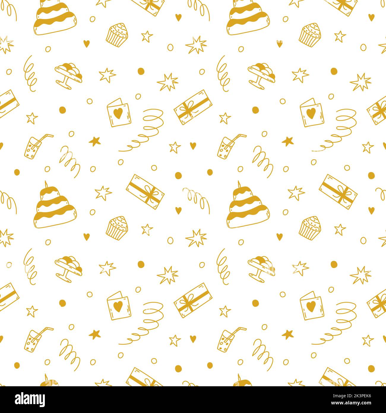 Seamless doodle vector pattern with sweets, birthday cake, gifts and stars. Cute cartoon background for birthday, St. Valentine's in gold color for de Stock Vector