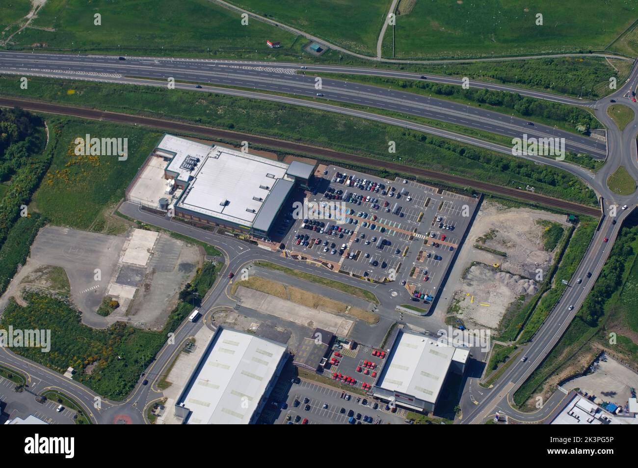 Aerial View of. Retail Park Holyhead, Anglesey, North Wales Stock Photo