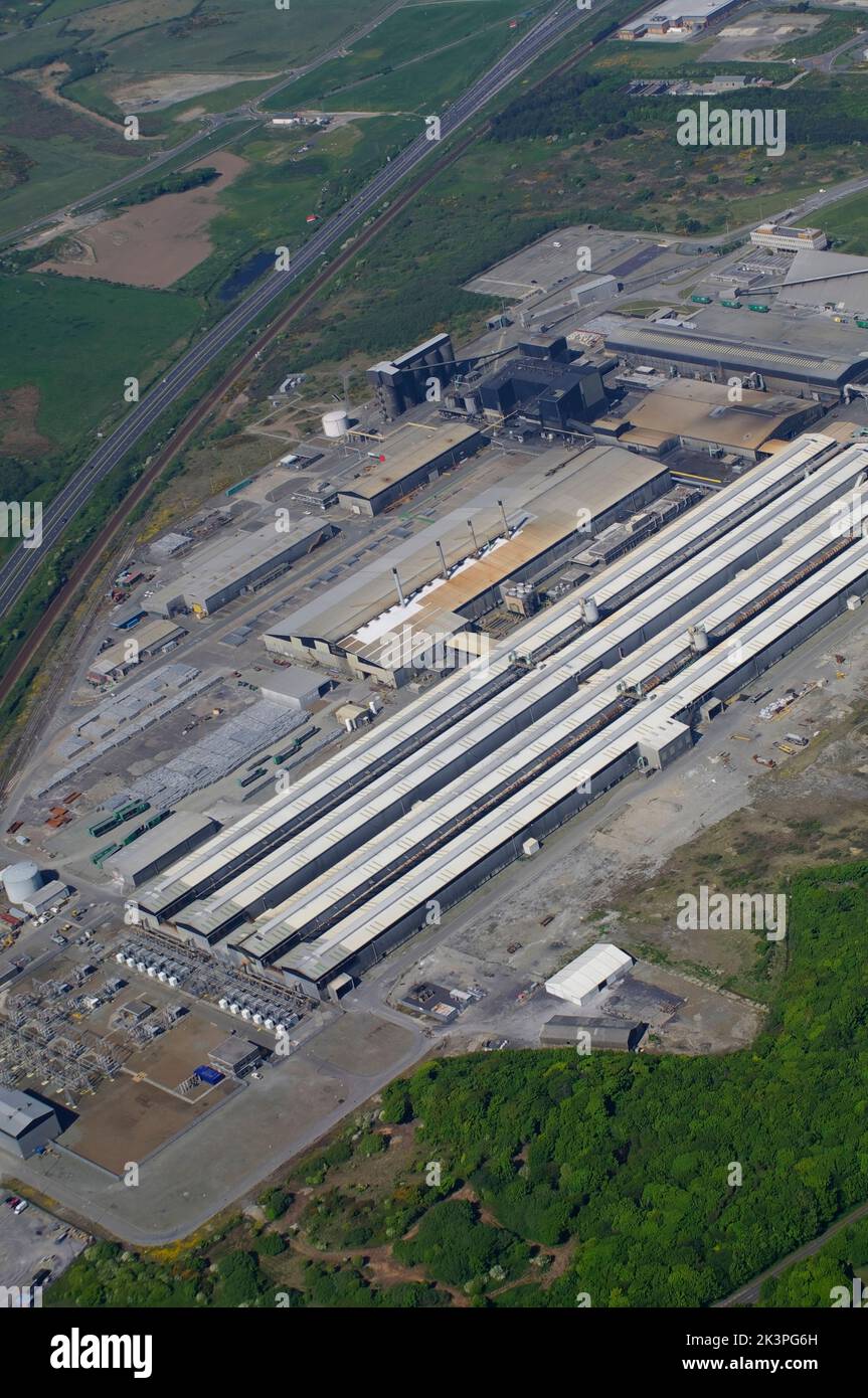 Aerial View of former ALPOCO Aluminium Smelting plant. Holyhead, Anglesey, North Wales, Stock Photo