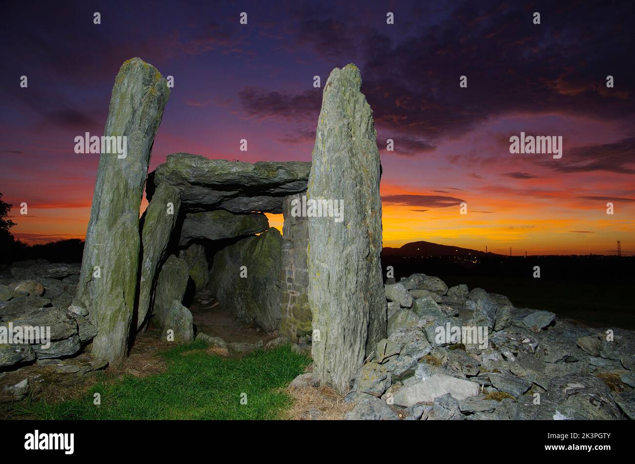 Sunset, Trefignath Neolithic, Burial Chamber, Holyhead, Anglesey, North Wales, Stock Photo