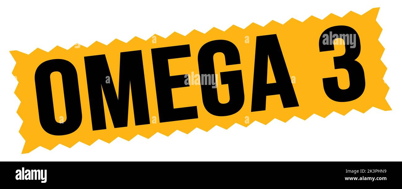 OMEGA 3 text written on orange-black zig-zag stamp sign. Stock Photo