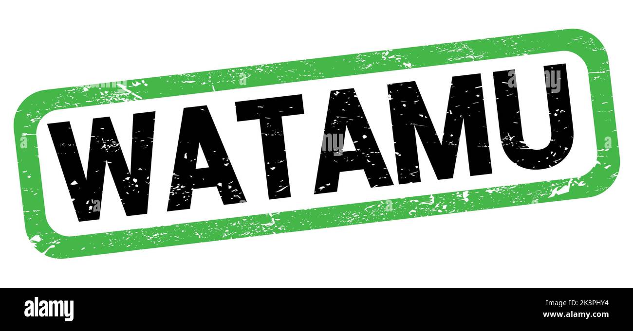WATAMU text written on green-black rectangle stamp sign. Stock Photo