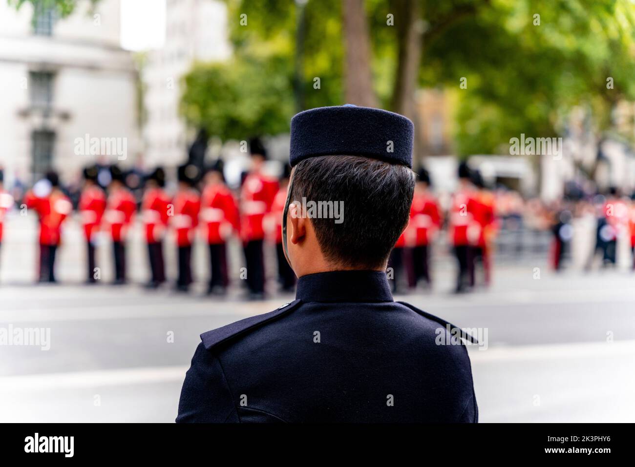 British Army Soldiers Stand Guard Along The Queen Elizabeth II Funeral Procession Route, Whitehall, London, UK. Stock Photo