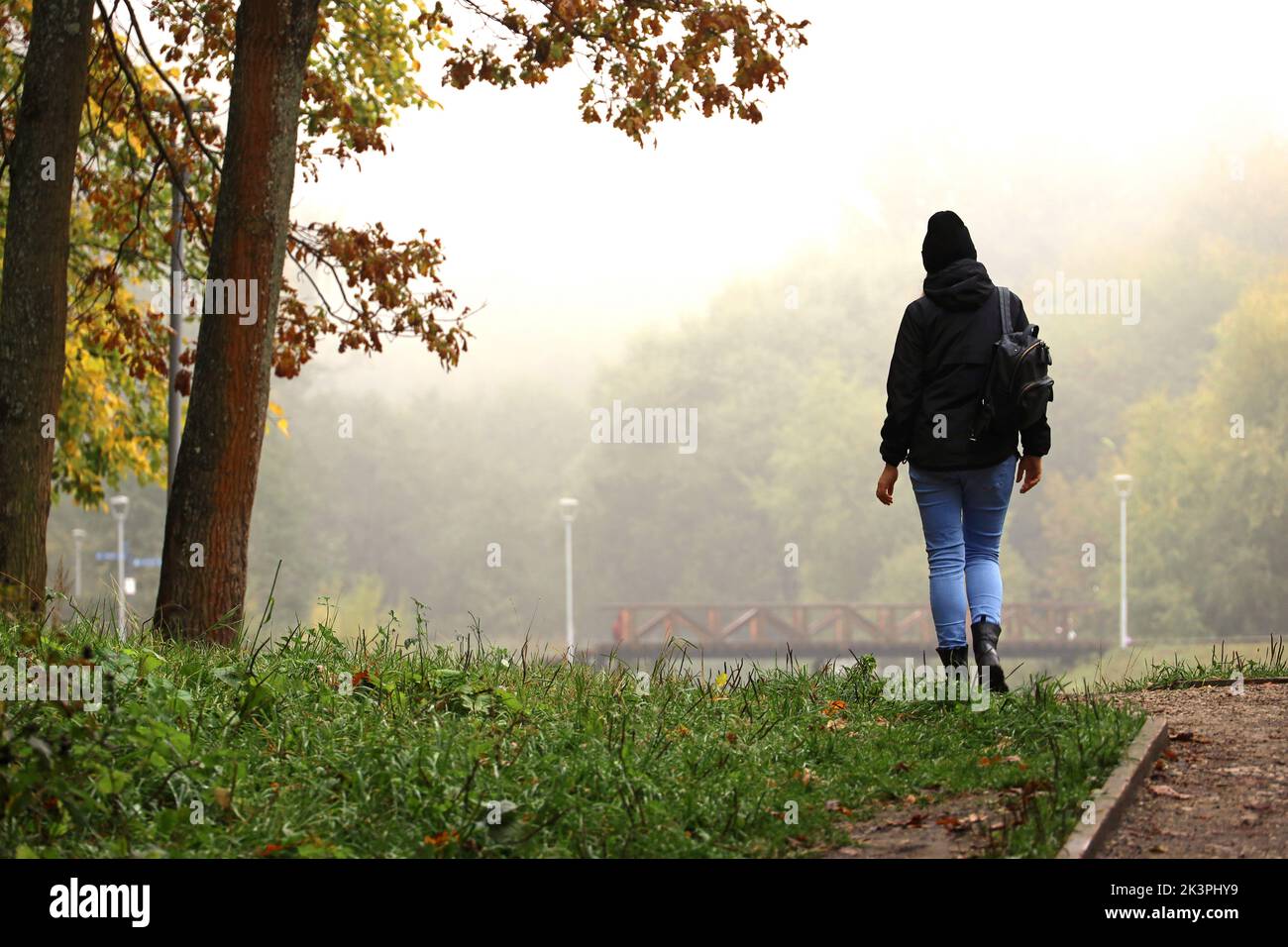 Fog in city park, girl walking on background of autumn trees and lake bridge in morning mist Stock Photo