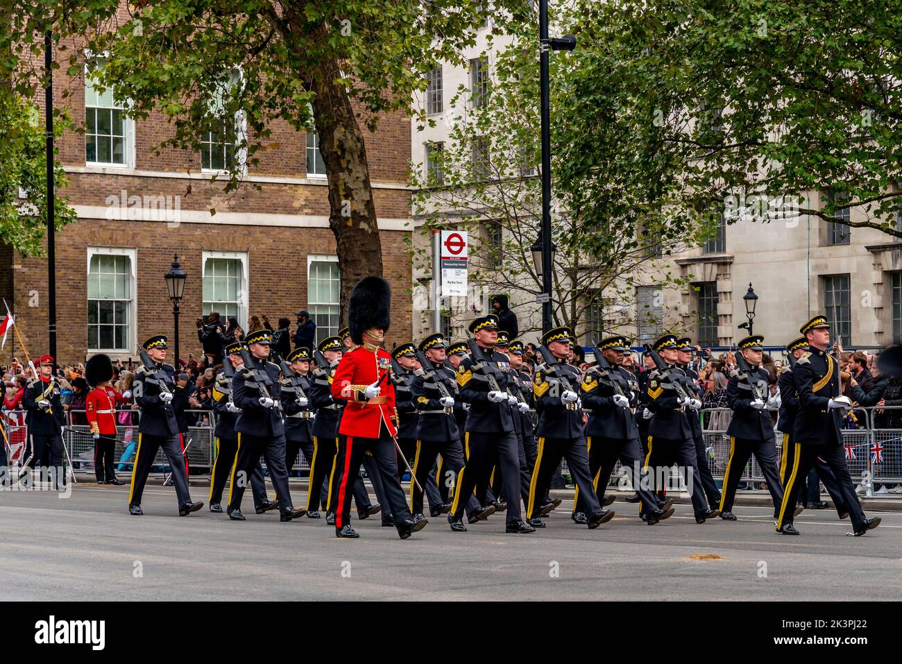 A British Military Regiment Marches Up Whitehall During The Queen Elizabeth II Funeral Procession, Whitehall, London, UK. Stock Photo