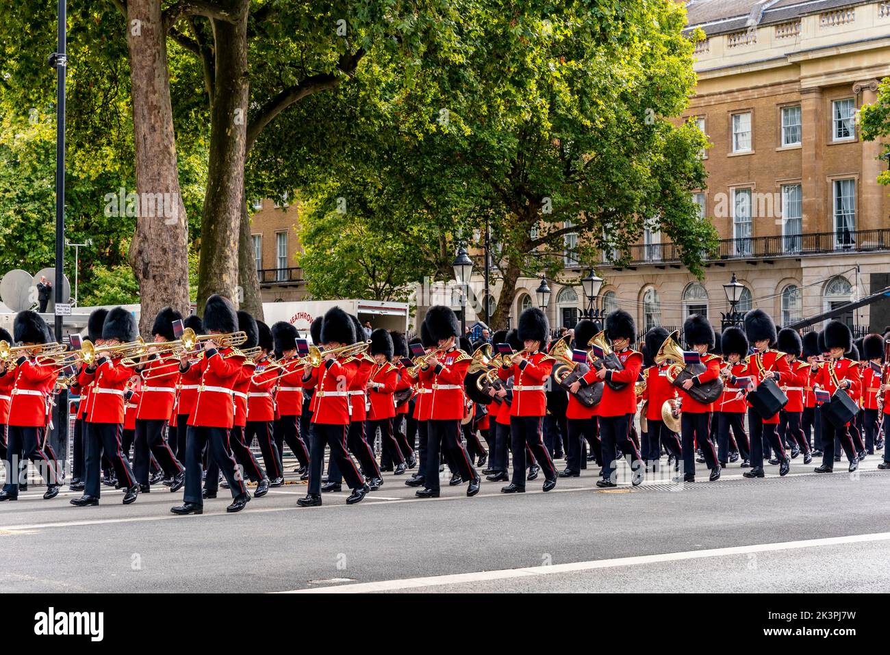A Military Band (Scots and Coldstream Guards) Takes Part In Queen Elizabeth II Funeral Procession, Whitehall, London, UK. Stock Photo
