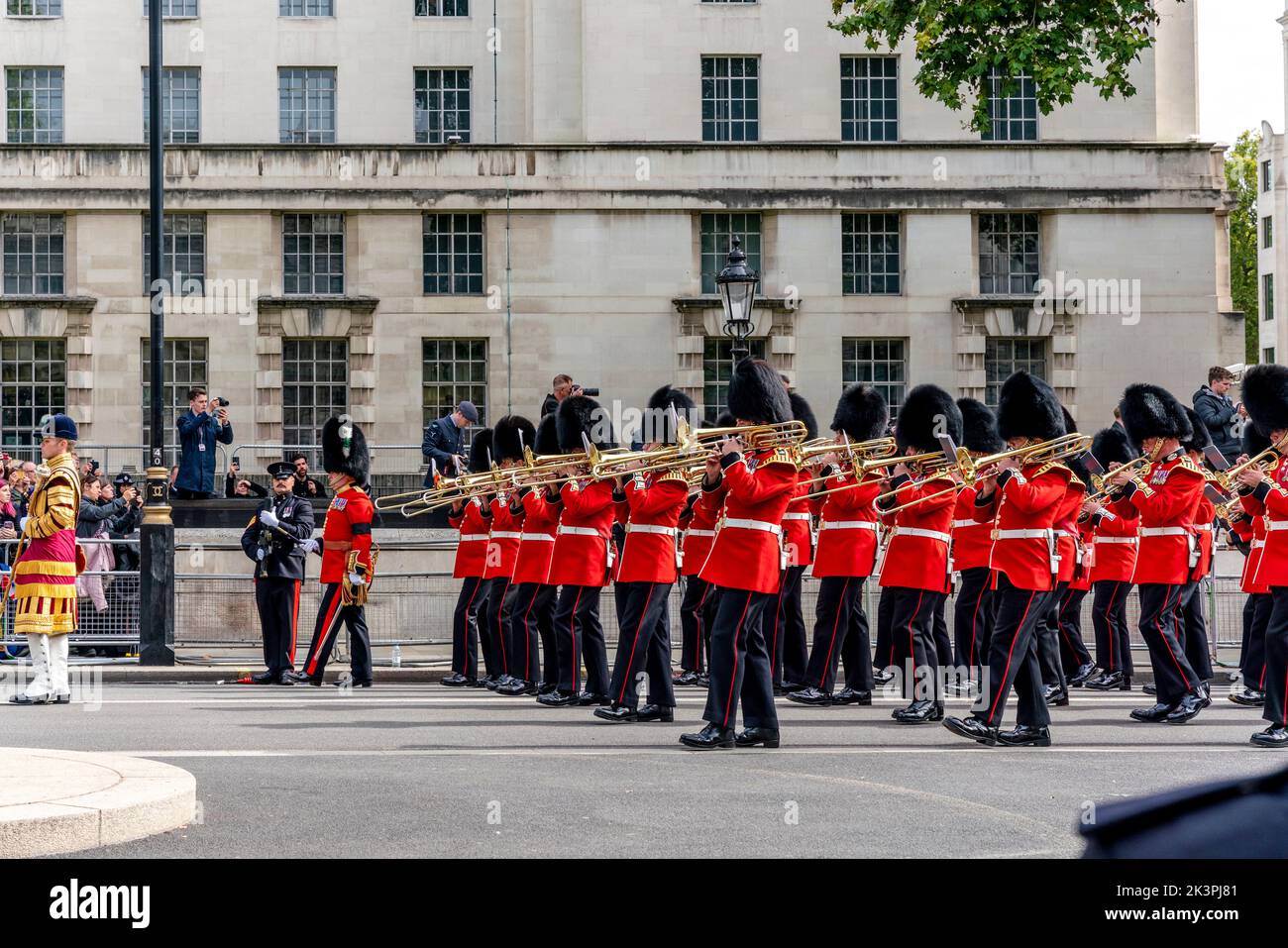 A Military Band Takes Part In Queen Elizabeth II Funeral Procession, Whitehall, London, UK. Stock Photo