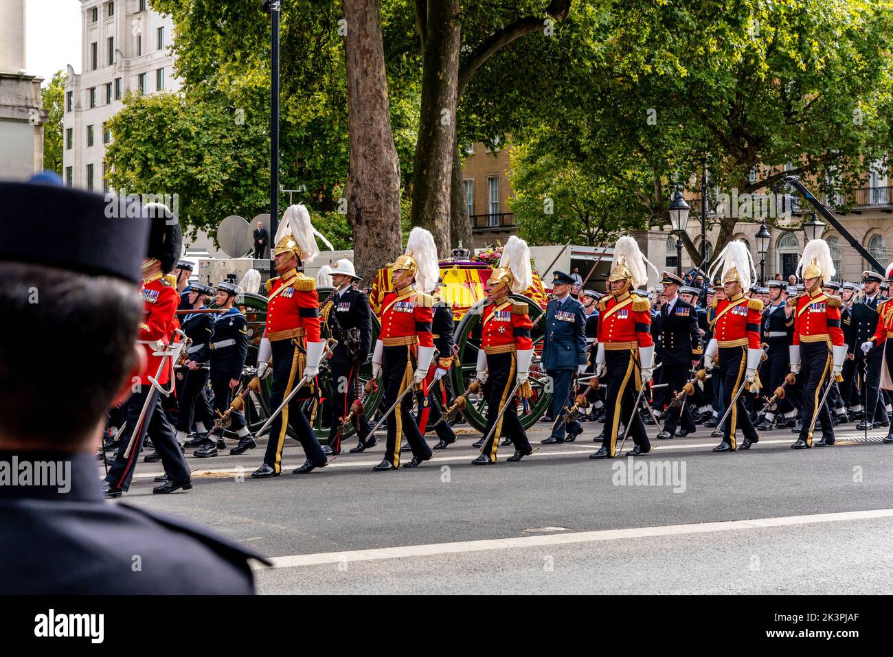 The Funeral Procession Of Queen Elizabeth II Travels Up Whitehall On