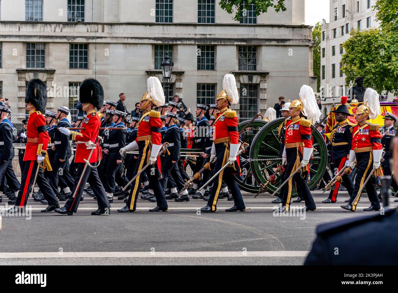 The Funeral Procession Of Queen Elizabeth II Travels Up Whitehall On