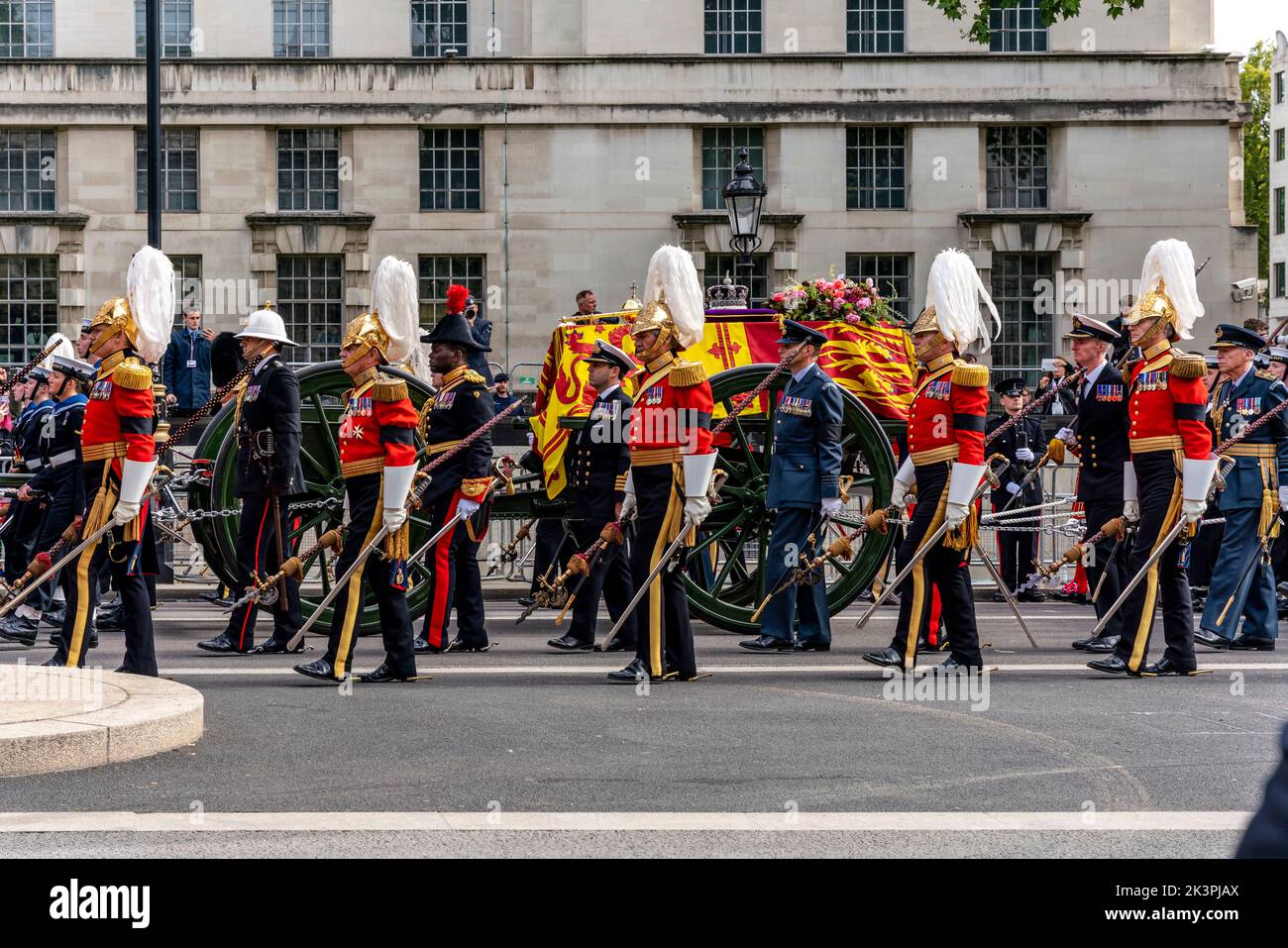 The Funeral Procession Of Queen Elizabeth II Travels Up Whitehall On