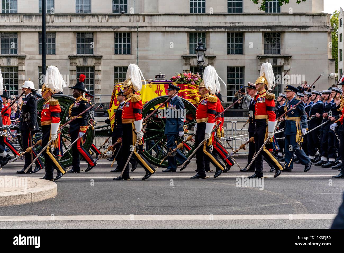 The Funeral Procession Of Queen Elizabeth II Travels Up Whitehall On